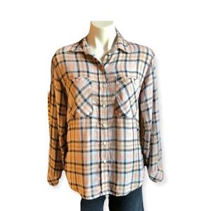 SANCTUARY Top Plaid Button Up Long Sleeve Collar Blouse Pink Blue Womens XS